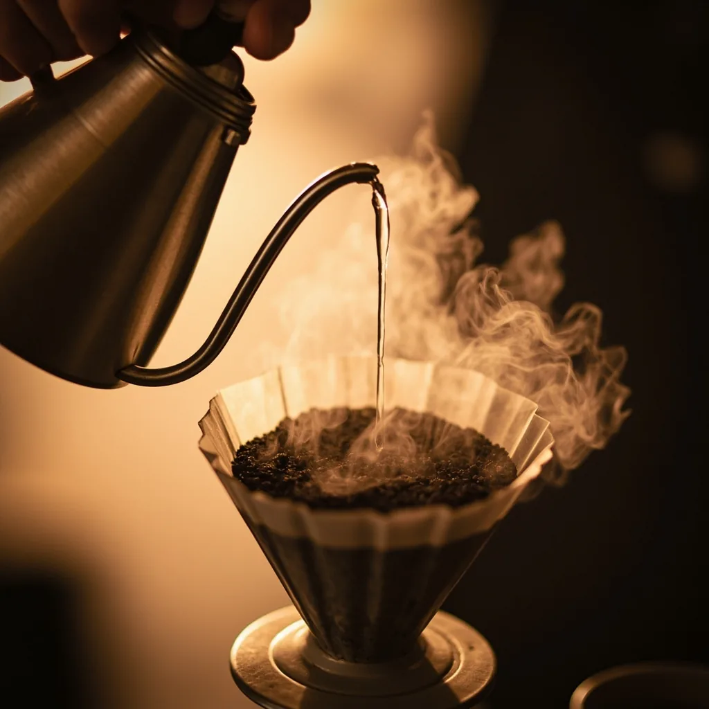 Бариста заваривает кофе в воронке V60, наливая воду из чайника