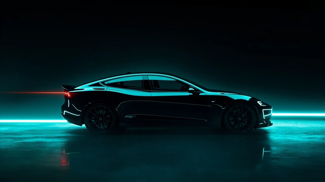 AXIOM ONE electric sedan in a dark studio with cyan light streaks