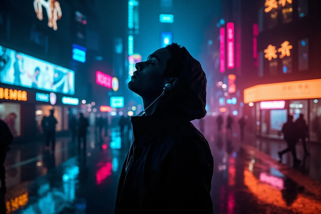 Person wearing PULSE X in a neon-lit night city