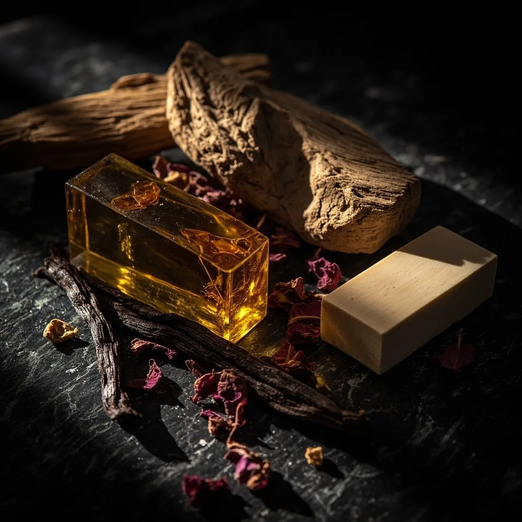 Amber resin, vanilla pods, dried rose and oud wood on black stone