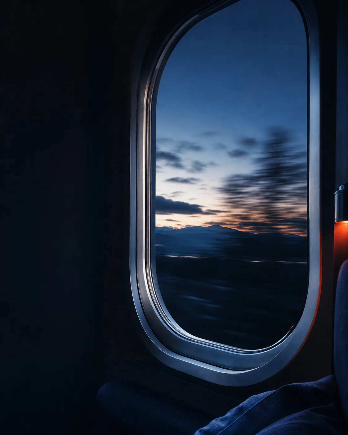 Soft navy sleeper cabin and moving evening landscape