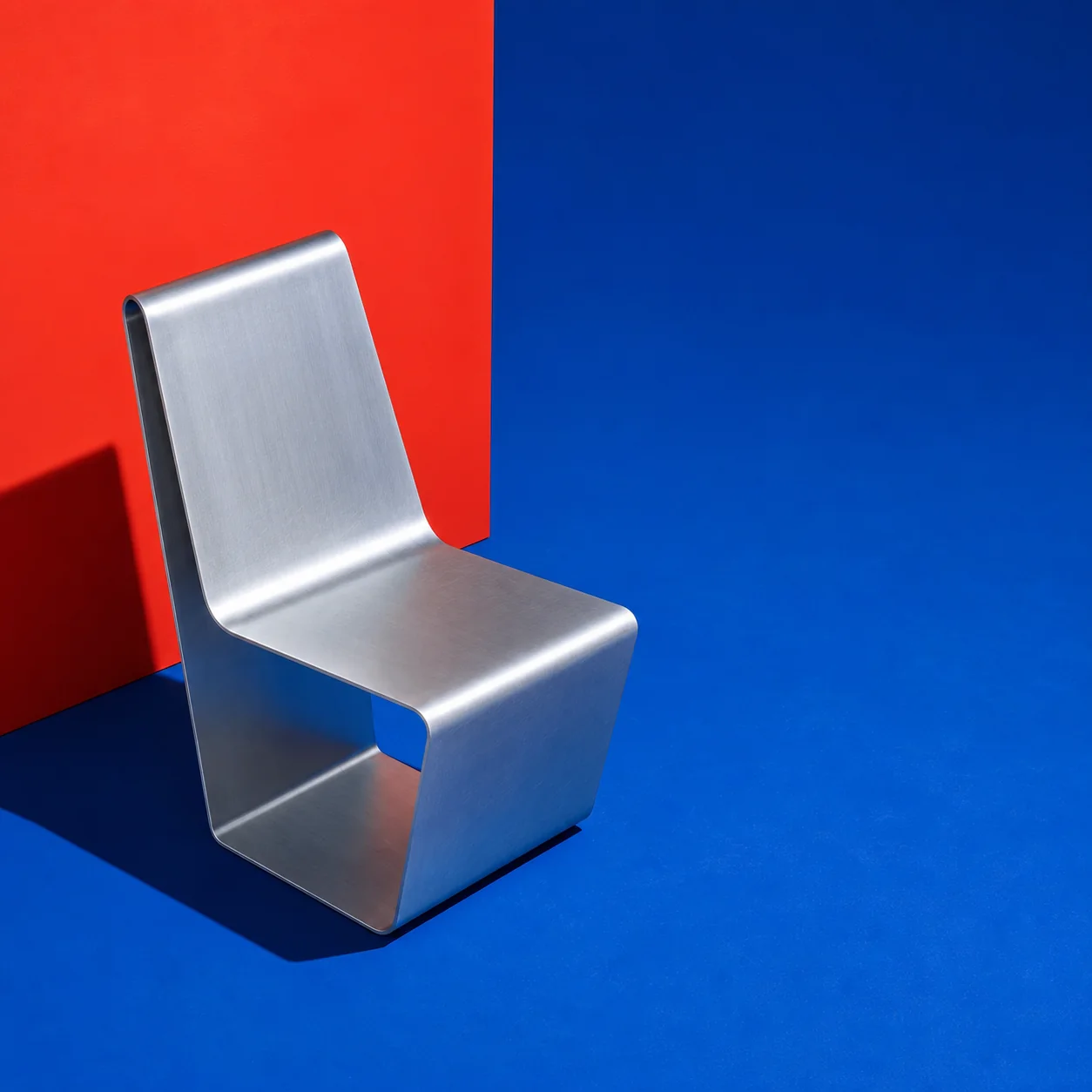 Chair formed from a continuous sheet of brushed aluminum