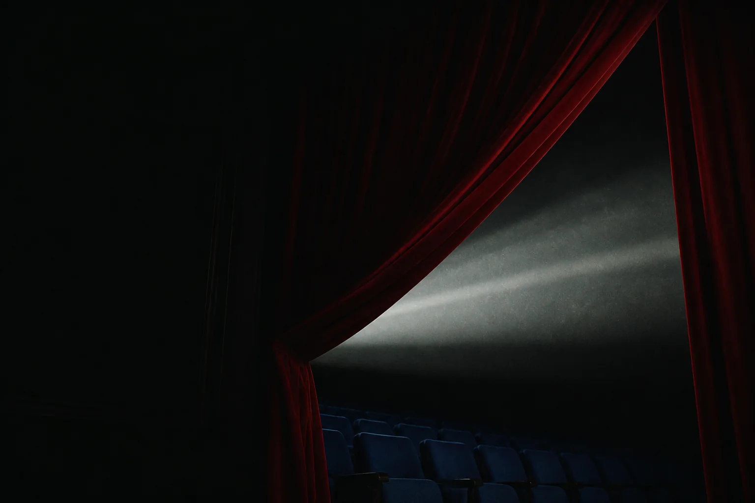 A red cinema curtain opening into a silver projector beam